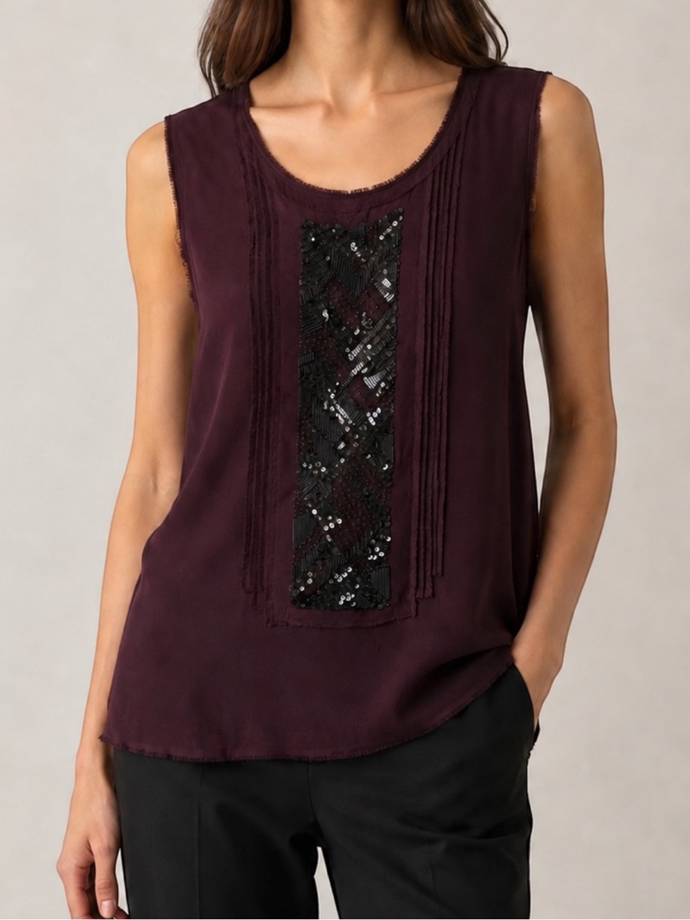 Vince Plum 100% Silk Beaded Embellished Raw-Edge Sleeveless Blouse Size 6 EUC